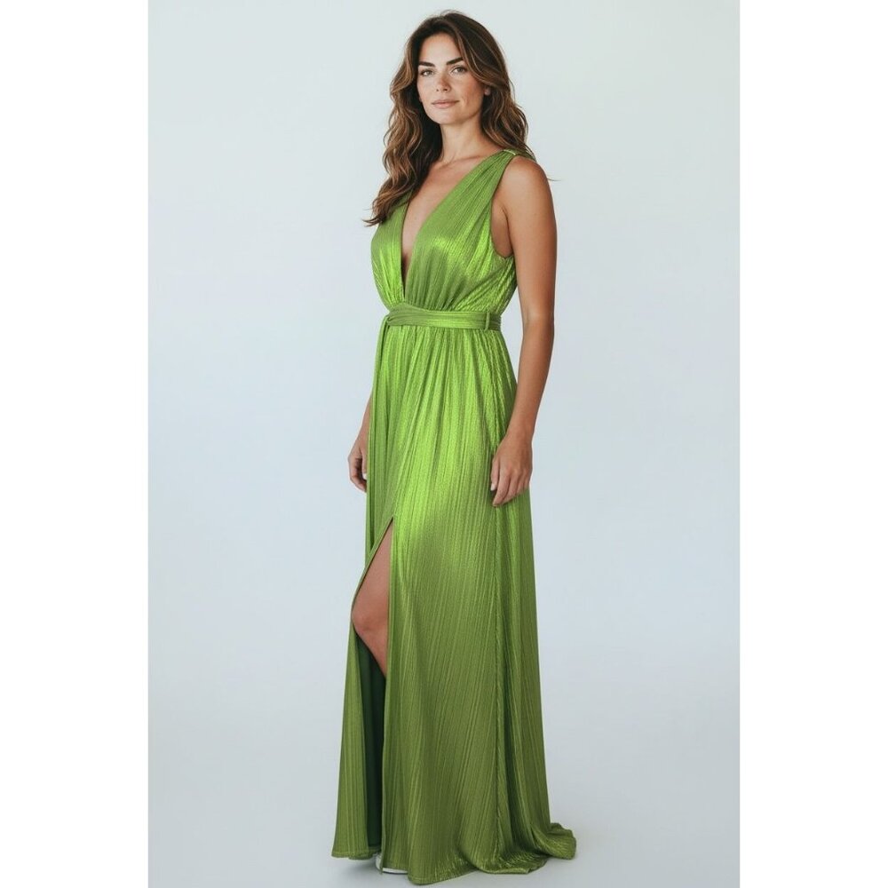 NEW Sincerely Jules Womens L Green Metallic Deep Neck Shiny Pleated Gown Stretch